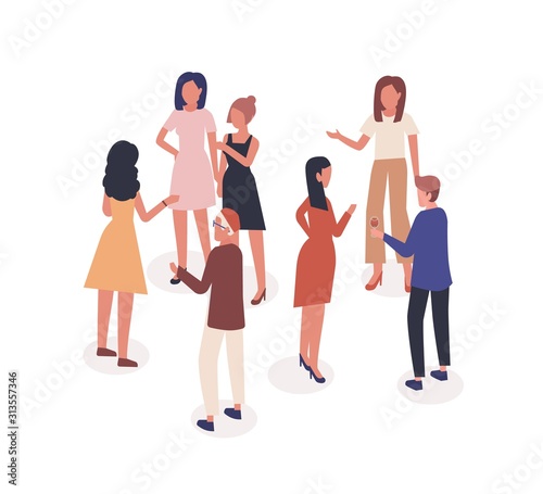Speaking people vector illustration. Acquaintance and communication, dialogue, conversation concept. Society, talking man and women at social event cartoon characters isolated on white background.