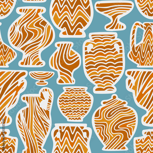 Abstract seamless pattern with antique vases. Vintage objects crockery background. Greek and roman amphoras and vessels for food, wine, grain, oil and incense. Clay dishes with decorative ornament.