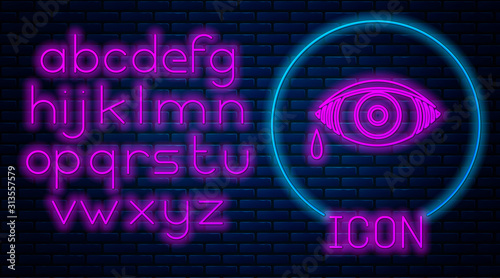 Glowing neon Reddish eye due to viral, bacterial or allergic conjunctivitis icon isolated on brick wall background. Neon light alphabet. Vector Illustration