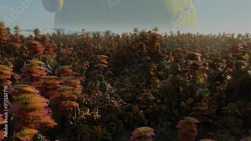 alien planet landscape, forest on the surface of a habitable exoplanet