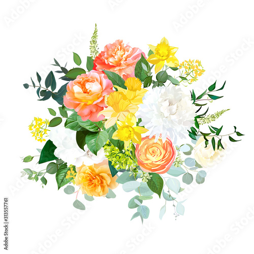 Fototapeta Naklejka Na Ścianę i Meble -  Yellow daffodils, orange ranunculus, coral rose, white hydrangea and chrysanthemum