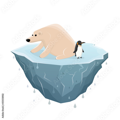 cartoon illustration of a sad ice bear and penguin on a melting ice floe