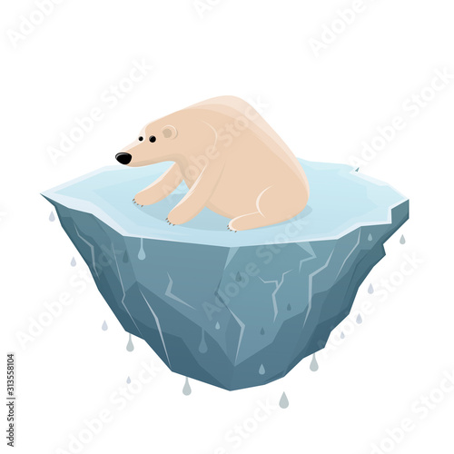 cartoon illustration of a sad ice bear sitting on a melting ice floe