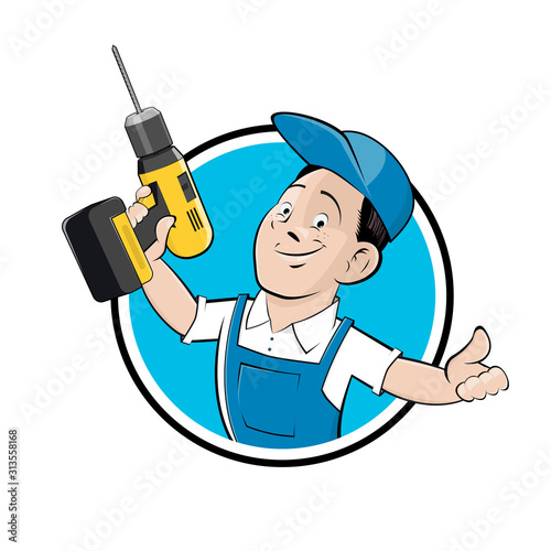 funny cartoon logo of a craftsman with a drill