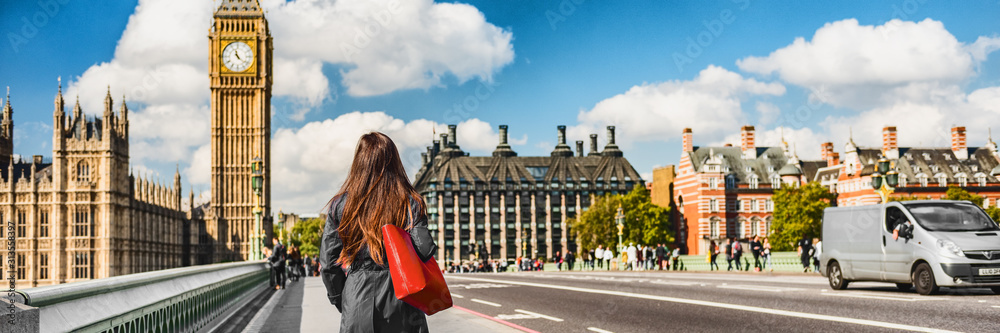 London city commuters walking by Westminster Big Ben people lifestyle. Tourist woman commuting in the morning banner panorama. - obrazy, fototapety, plakaty 