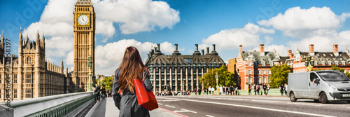 London city commuters walking by Westminster Big Ben people lifestyle. Tourist woman commuting in the morning banner panorama.