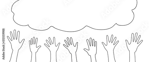 Doodle hands up. Sketch style crowd, party, sale concept. Hand drawn vector elements