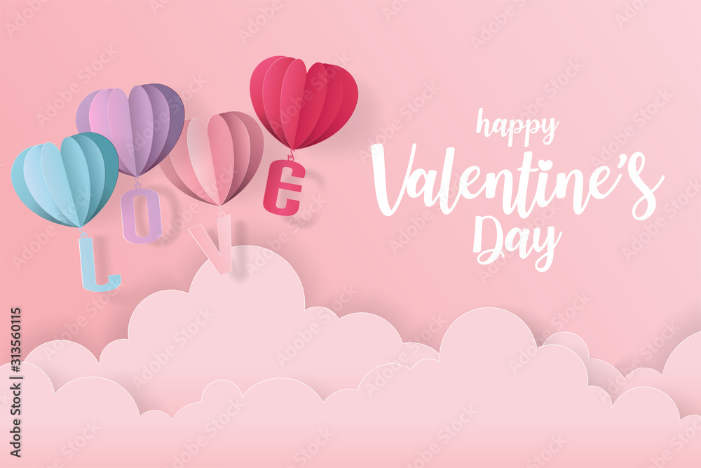 Love and valentine day card with heart balloon, gift and clouds. Paper cut style, Vector illustration.