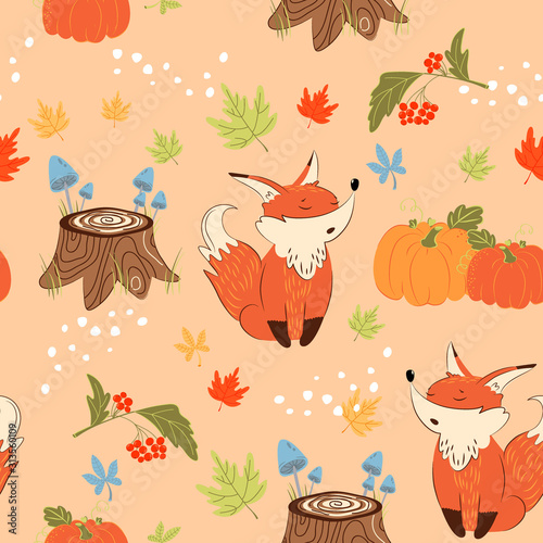 seamless pattern with fox and pumpkin in autumn forest. Vector, illustration.