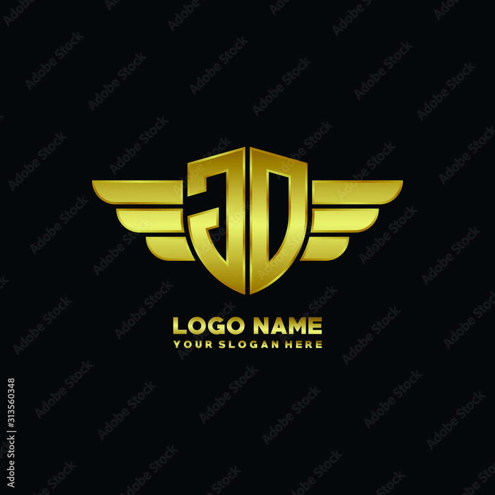 initial letter JO shield logo with wing vector illustration, gold color initial letter JO shield logo with wing vector illustration, gold color
