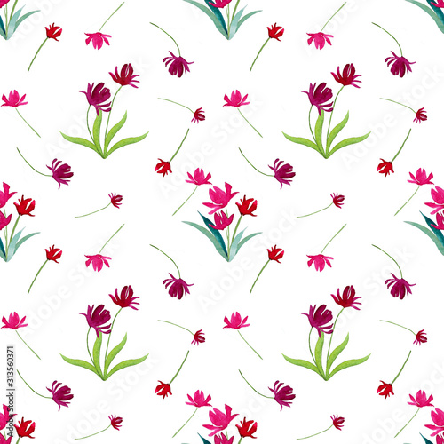 Isolated watercolor painted tulips with leaves in seamless pattern on white background. artwork is for background, tile print or wrapping paper. Isolated and pathed Tulips are dark pink and purple. © thanawan