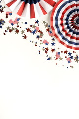4th of July American Independence Day, celebration, patriotism and holidays party concept from paper fans and confetti usa flag colors top view on white background. Copy space 