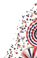 4th of July American Independence Day, celebration, patriotism and holidays party concept from paper fans and confetti usa flag colors top view on white background. Copy space 