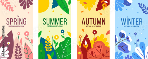 Seasons elements vector set.  Social backgrounds, cover design templates, banners with leaves and herbs.