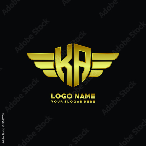 initial letter KA shield logo with wing vector illustration, gold color photo