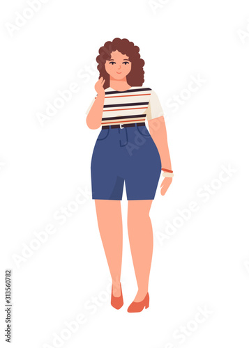 Plus size curly hair girl flat vector illustration