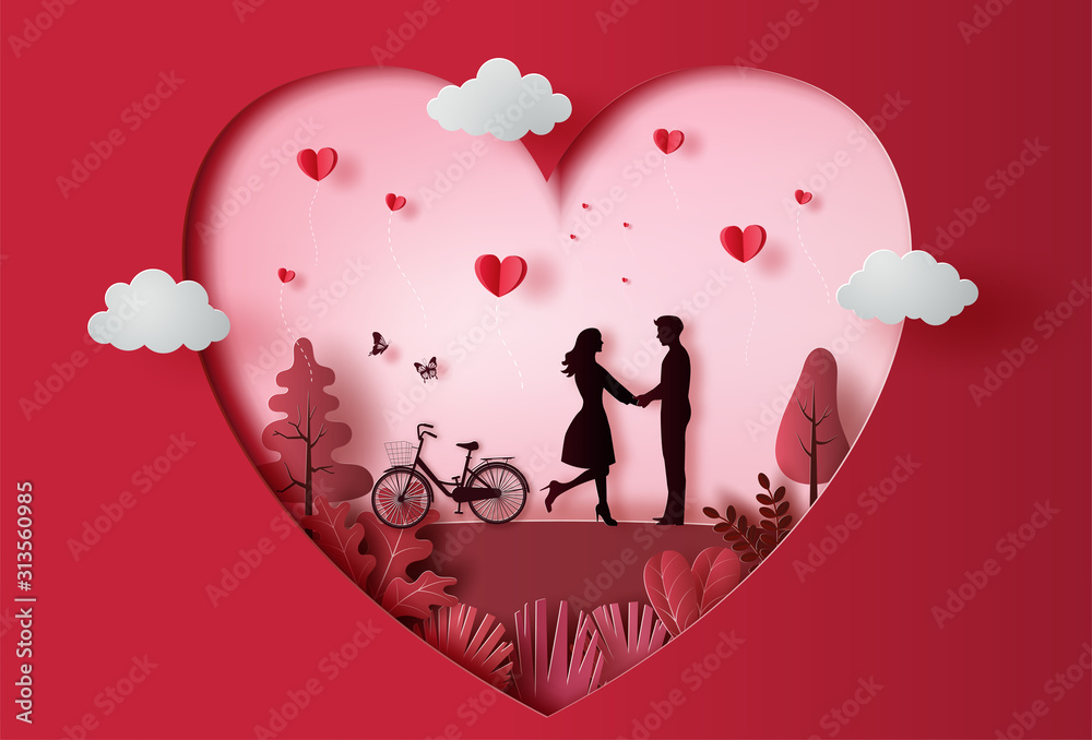 Young couple holding hands in park with many heart floating, paper art style. - obrazy, fototapety, plakaty 