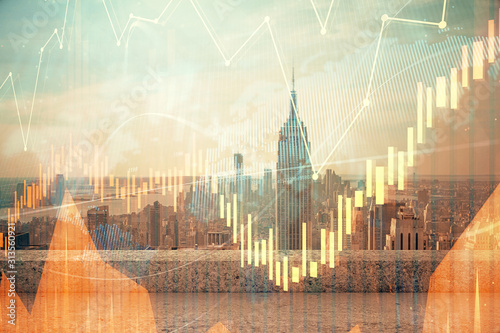 Forex graph on city view with skyscrapers background multi exposure. Financial analysis concept.
