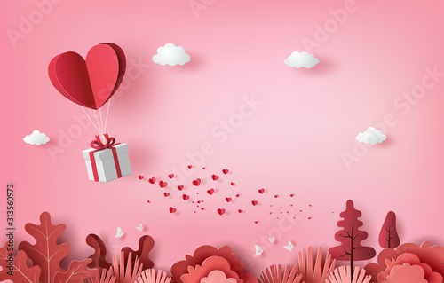 Gift box with heart balloon floating it the sky, Happy Valentine's Day banners, paper art style.