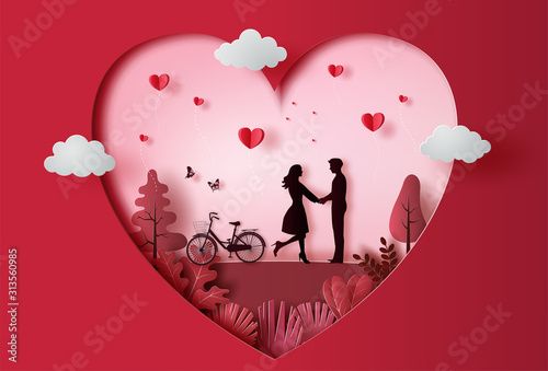 Young couple holding hands in park with many heart floating, paper art style.