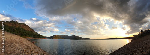 panoramic view at Khun Dan Prakarn Chon Dam at sunset time in Nakon Nayok Thailand photo