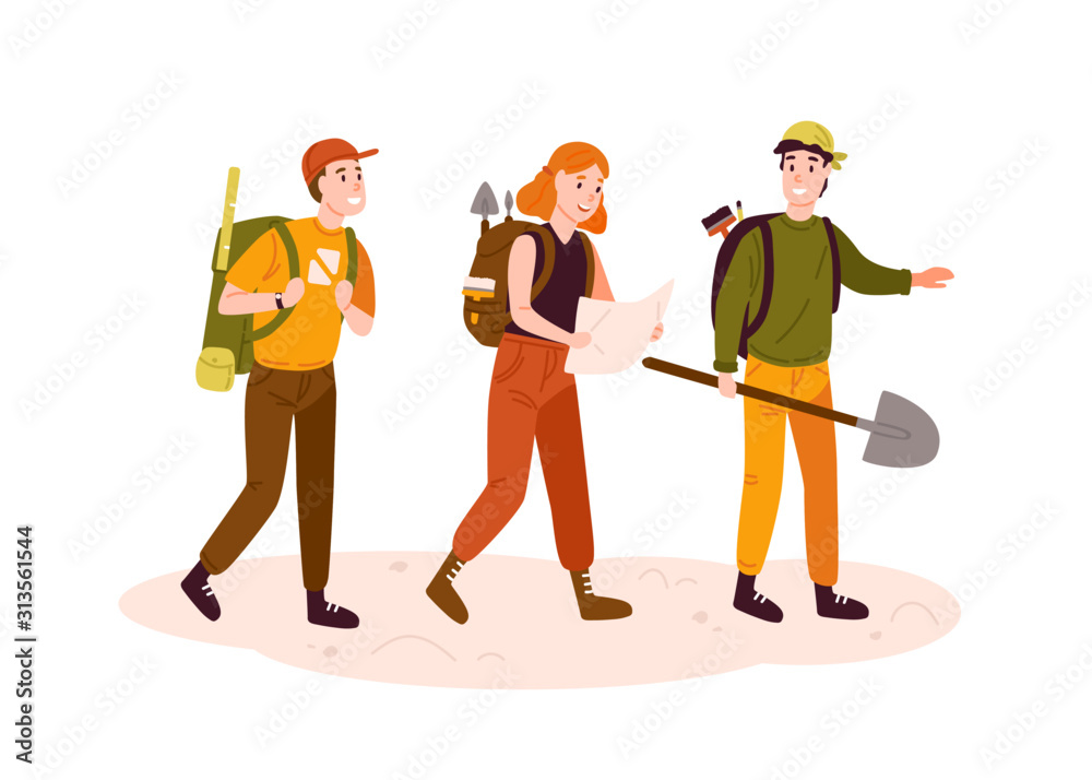 Fototapeta premium Archeologists team, researchers group flat vector illustration