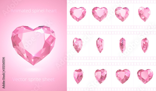 Vector frames of rotating spinel heart. Cute pink crystal Valentine. Symbol of love. Set of 3d realistic icons. 12 frames per second. Looped sequence for GIF, flash, HTML animation. Isolated clipart