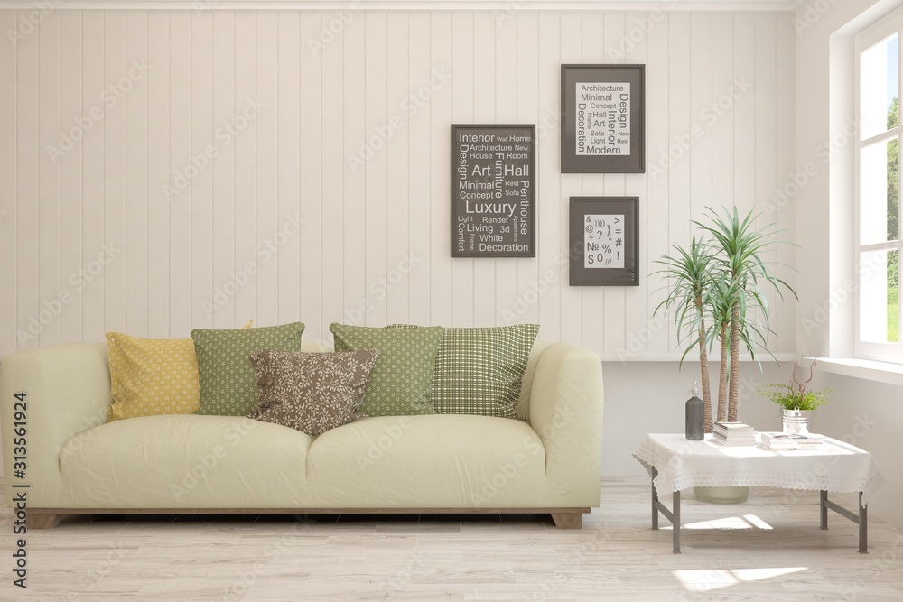 Stylish room in white color with sofa. Scandinavian interior design. 3D illustration Stylish room in white color with sofa. Scandinavian interior design. 3D illustration