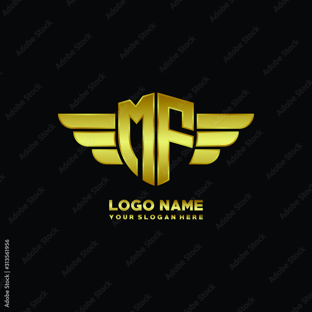 Fototapeta premium initial letter MF shield logo with wing vector illustration, gold color