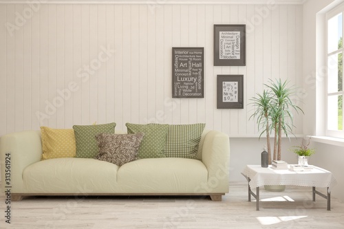 Stylish room in white color with sofa. Scandinavian interior design. 3D illustration