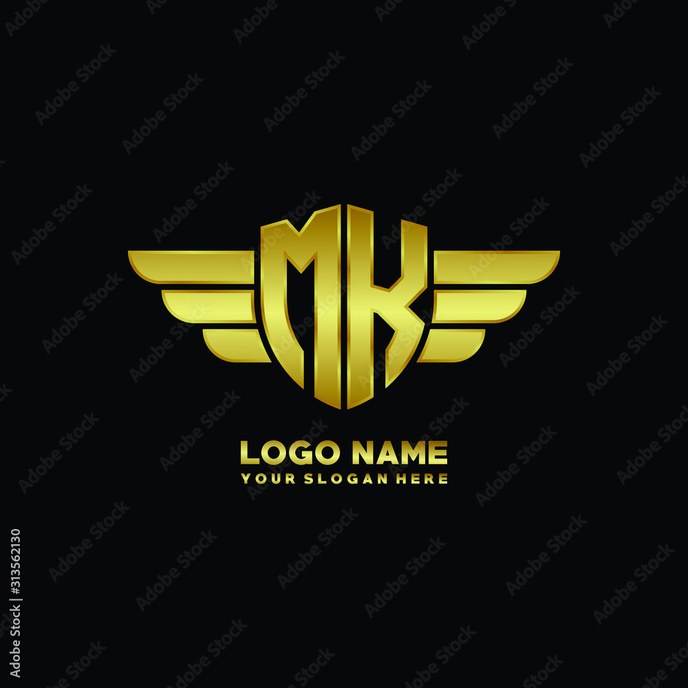 initial letter MK shield logo with wing vector illustration, gold color