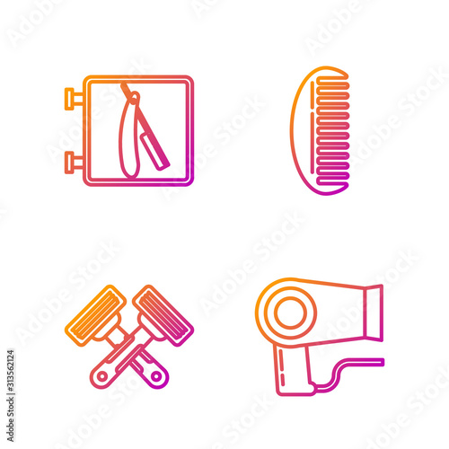 Set line Hair dryer, Crossed shaving razor, Barbershop with razor and Hairbrush. Gradient color icons. Vector