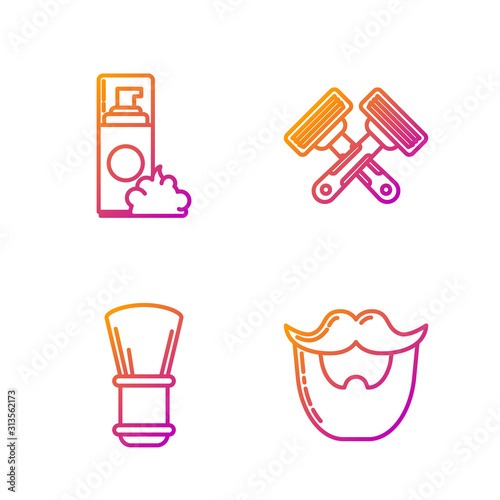 Set line Mustache and beard, Shaving brush, Shaving gel foam and Crossed shaving razor. Gradient color icons. Vector