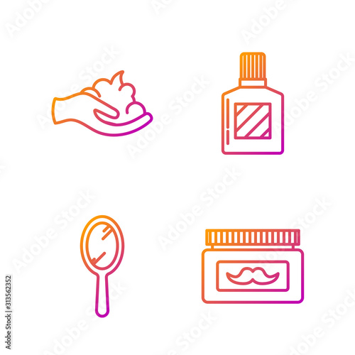 Set line Cream or lotion cosmetic jar, Hand mirror, Shaving gel foam on hand and Aftershave. Gradient color icons. Vector