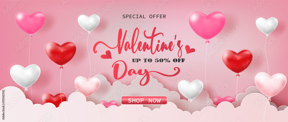 Happy Valentine's Day banners with discount offer on special occasion, give voucher, paper art style.