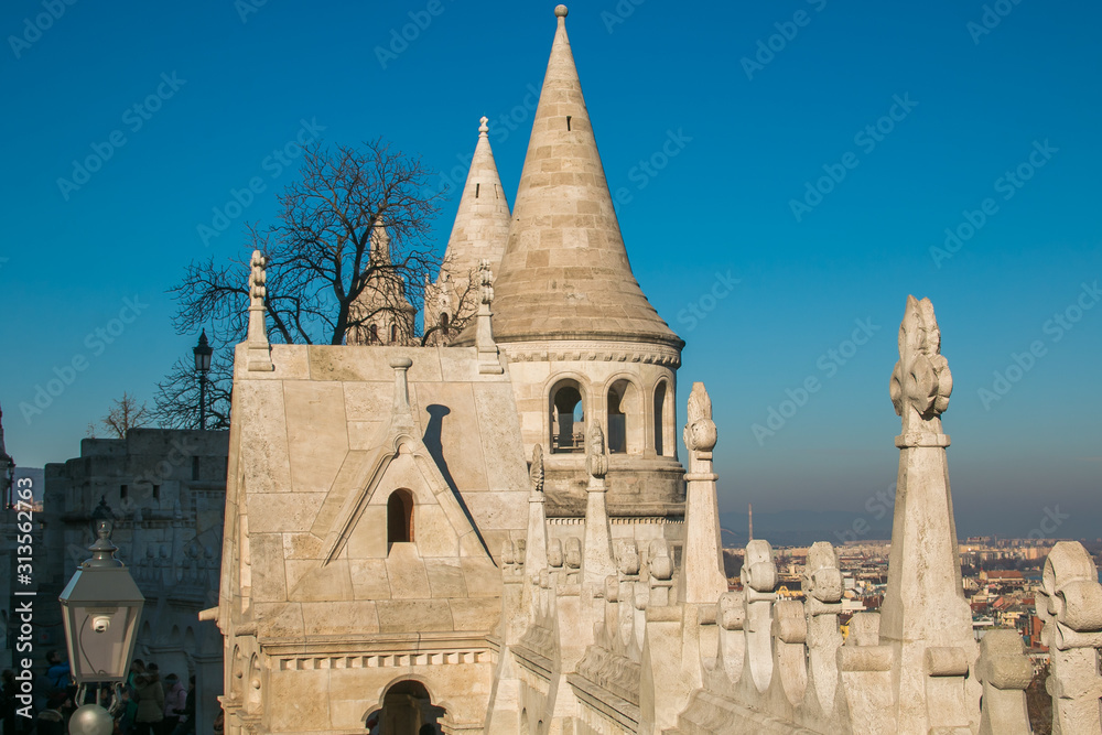 A landscape view of the fisherman's bastion in winter time, a popular attraction in Budapest, Hungary