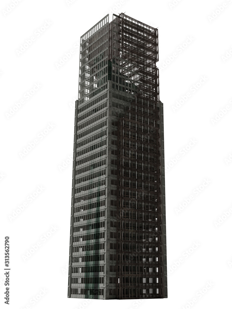 ruined skyscraper, tall post apocalyptic building isolated on white background