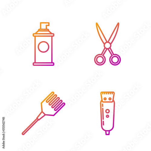 Set line Electrical hair clipper or shaver, Hairbrush, Shaving gel foam and Scissors hairdresser. Gradient color icons. Vector