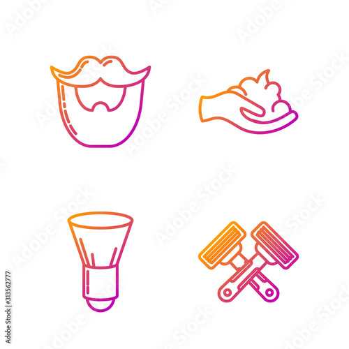 Set line Crossed shaving razor, Shaving brush, Mustache and beard and Shaving gel foam on hand. Gradient color icons. Vector