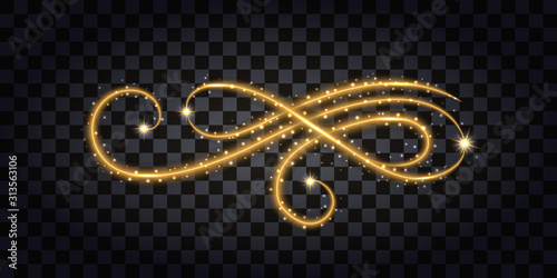 Gold glitter flourish. Design element sith golden glow effect, sparkles and neon shine. Vector illustration