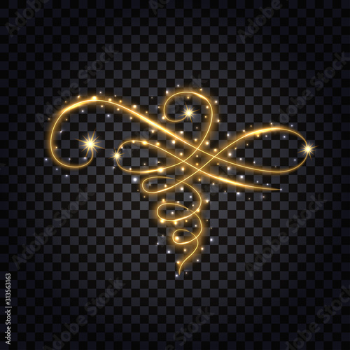 Gold flourish with light glowing effect. Design element isolated for decoration, golden glitter, neon shine, stars and luminous dust particles. Vector illustration