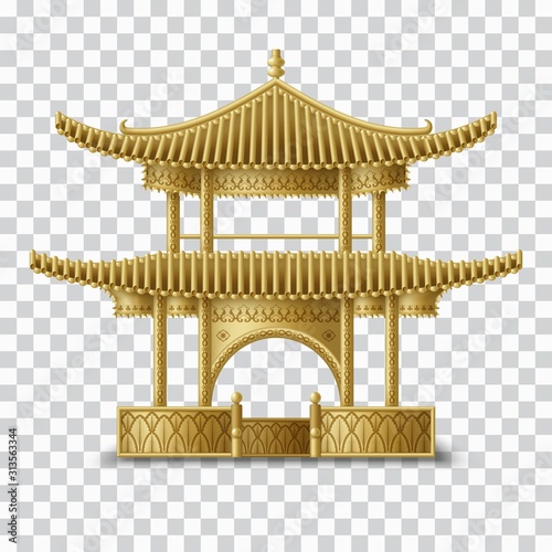 Beautiful Chinese pagoda in golden colors. Traditional building. Creative template for greeting cards, banners, invitations