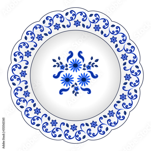 Decorative porcelain plate ornate with floral pattern. Isolated object, design elements i in traditional style, with flowers and chamomiles, blue on white, top view. Vector illustration