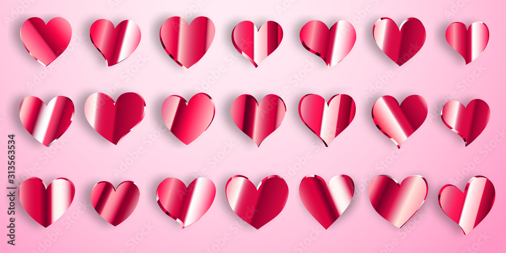 Set of shiny red hearts with shadows on pink background