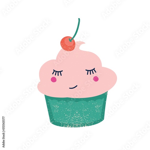 Cute cupcake with cherry flat vector illustration. Creamy confection with ber...