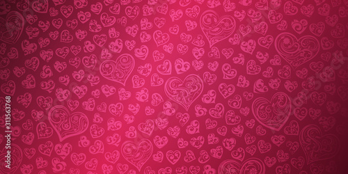Background of big and small hearts with curls in red and pink colors. Illustration on Valentine's day.