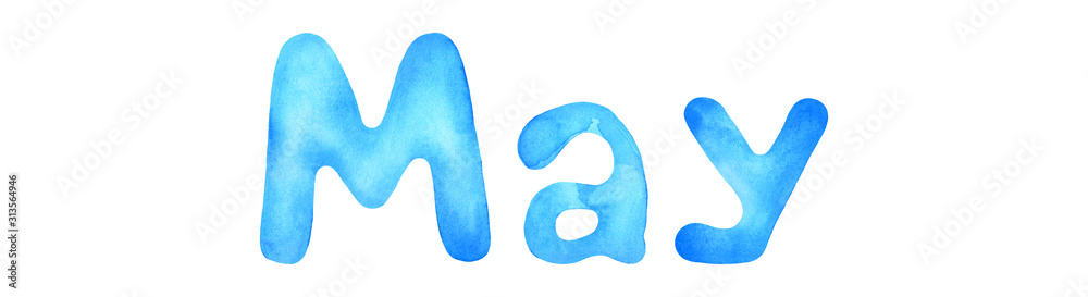 May. Calendar, diary, planner. Isolated single word in classic blue watercolor on the white background. May. Calendar, diary, planner. Isolated single word in classic blue watercolor on the white background.