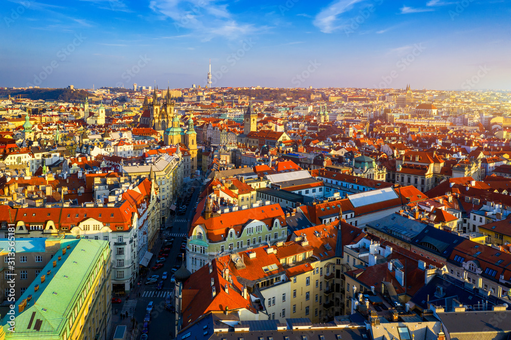 Obraz premium Aerial Prague panoramic drone view of the city of Prague at the Old Town Square, Czechia. Prague Old Town historical center of Prague, buildings and landmarks of old town, Prague, Czech Republic.