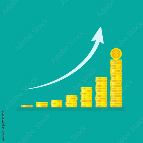 Exponential growth graph with increasing stacks of dollar coins and arrow. Vector illustration. Concept of business success
