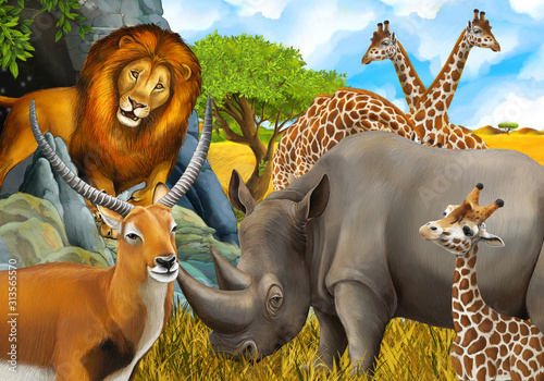 Fototapeta Naklejka Na Ścianę i Meble -  cartoon safari scene with lion rhino and giraffe on the meadow near some mountain illustration for children